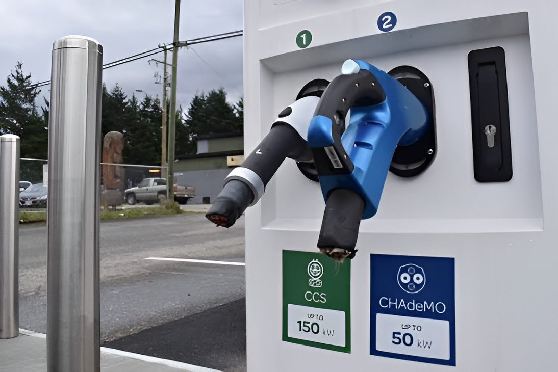 Electric vehicle charging station with two connectors.